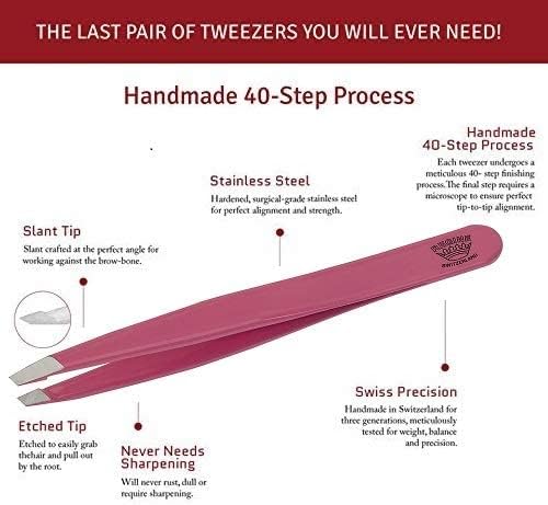 Slant Tweezer - Handmade in Switzerland - Professional Eyebrow & Facial Hair Remover - Etched