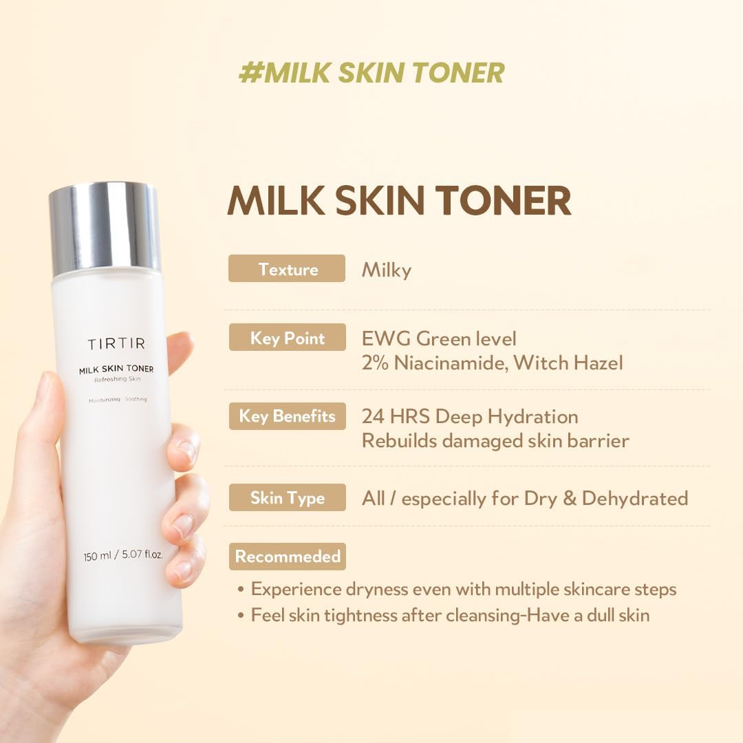 TIRTIR Milk Skin Rice Toner Light | Instant Hydration with 4% Niacinamide, Pantenol, Lightweight
