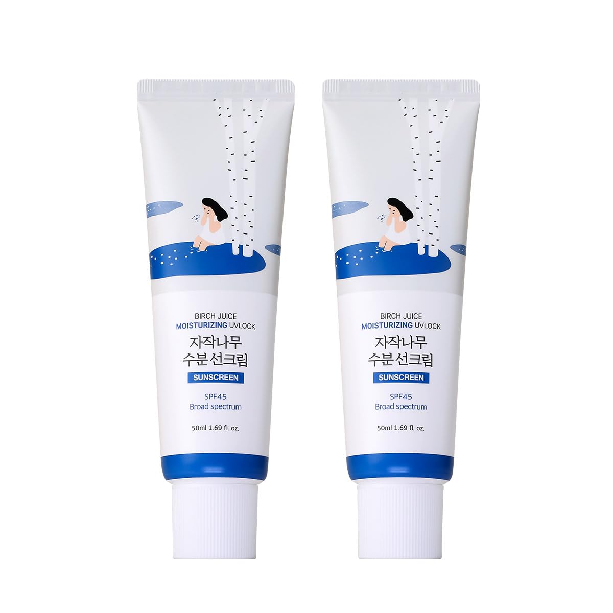 ROUND LAB Birch Juice Moisturizing UV LOCK SPF 45 2EA, NBC No1 SPF, Glow Sunscreen for Daily