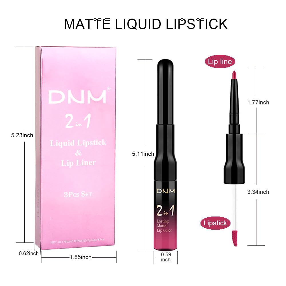 evpct 3Pcs Rose red plum Warm pink Deep cranberry Lip Stain Matte Lip Liner and Lipstick Set Long