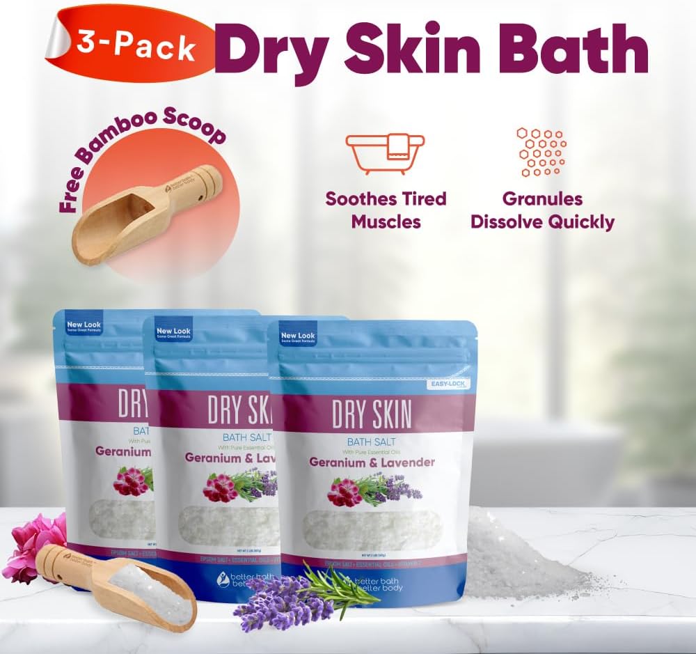 Dry Skin Bath Salt (3 Pack with Scoop) Skin Soothing Epsom Salt with Pure Essential Oils in BPA