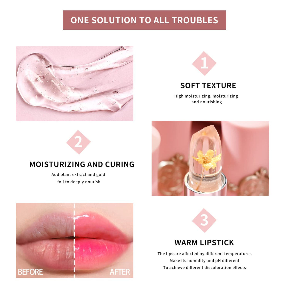 3 Pcs/Set Flower Jelly Lipstick Set Temperature Change Moisturizer Long Lasting Nutritious Glossy