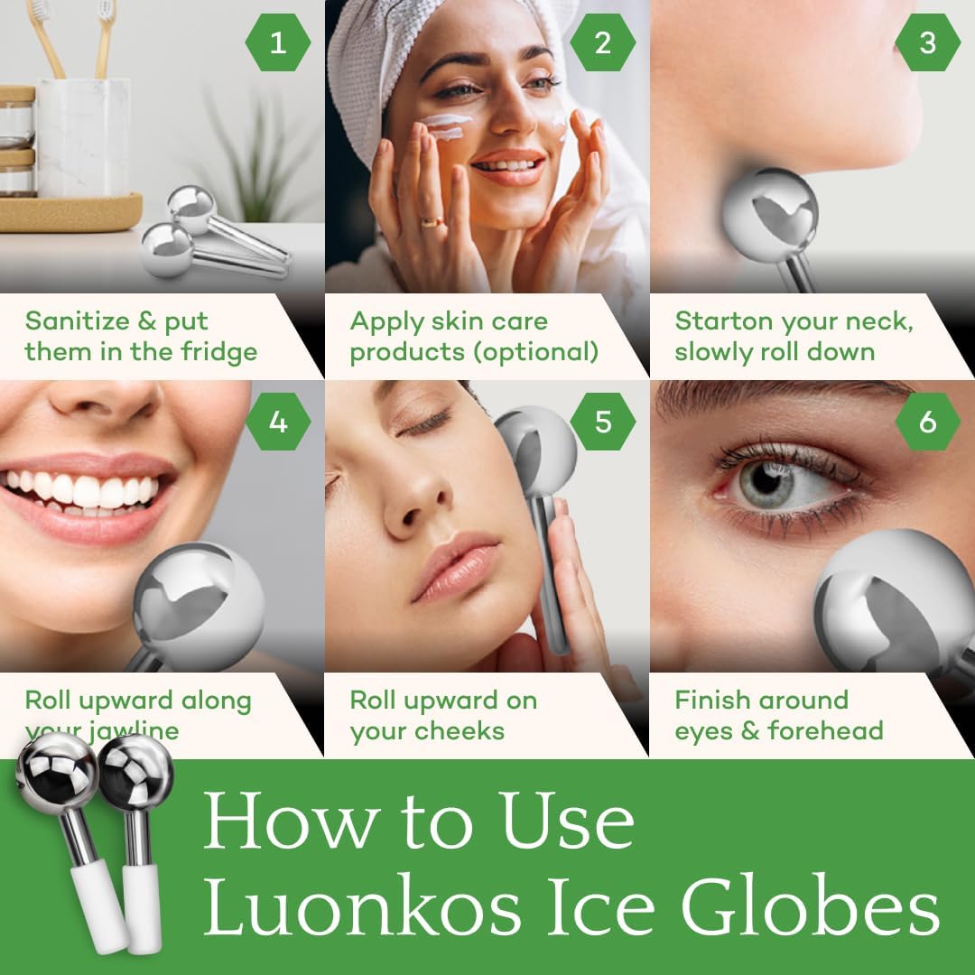 LUONKOS Gua Sha Ice Globes - Set of 2, Silver Stainless Steel - Facial Massage Tool & Lymphatic