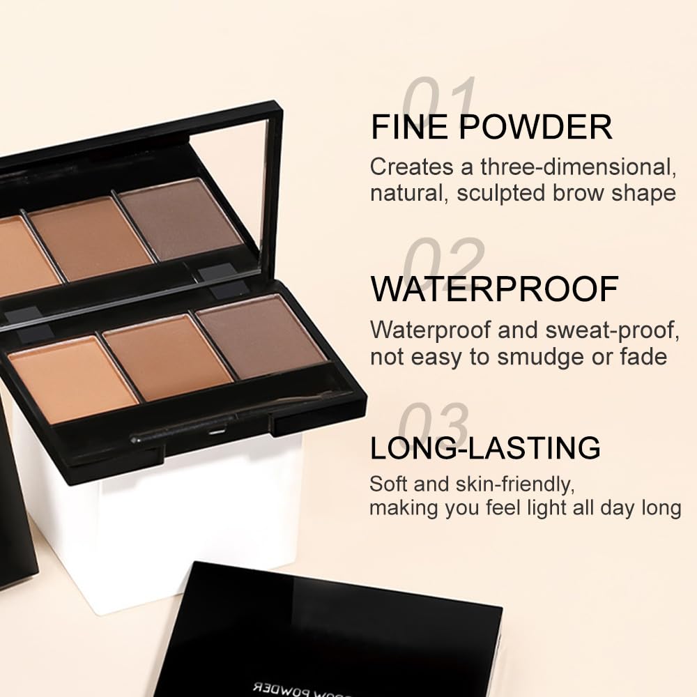 Brow Powder Kit – Long-Lasting 3-Color Brow Filler for Full, Defined Natural Brows, Contour Palette