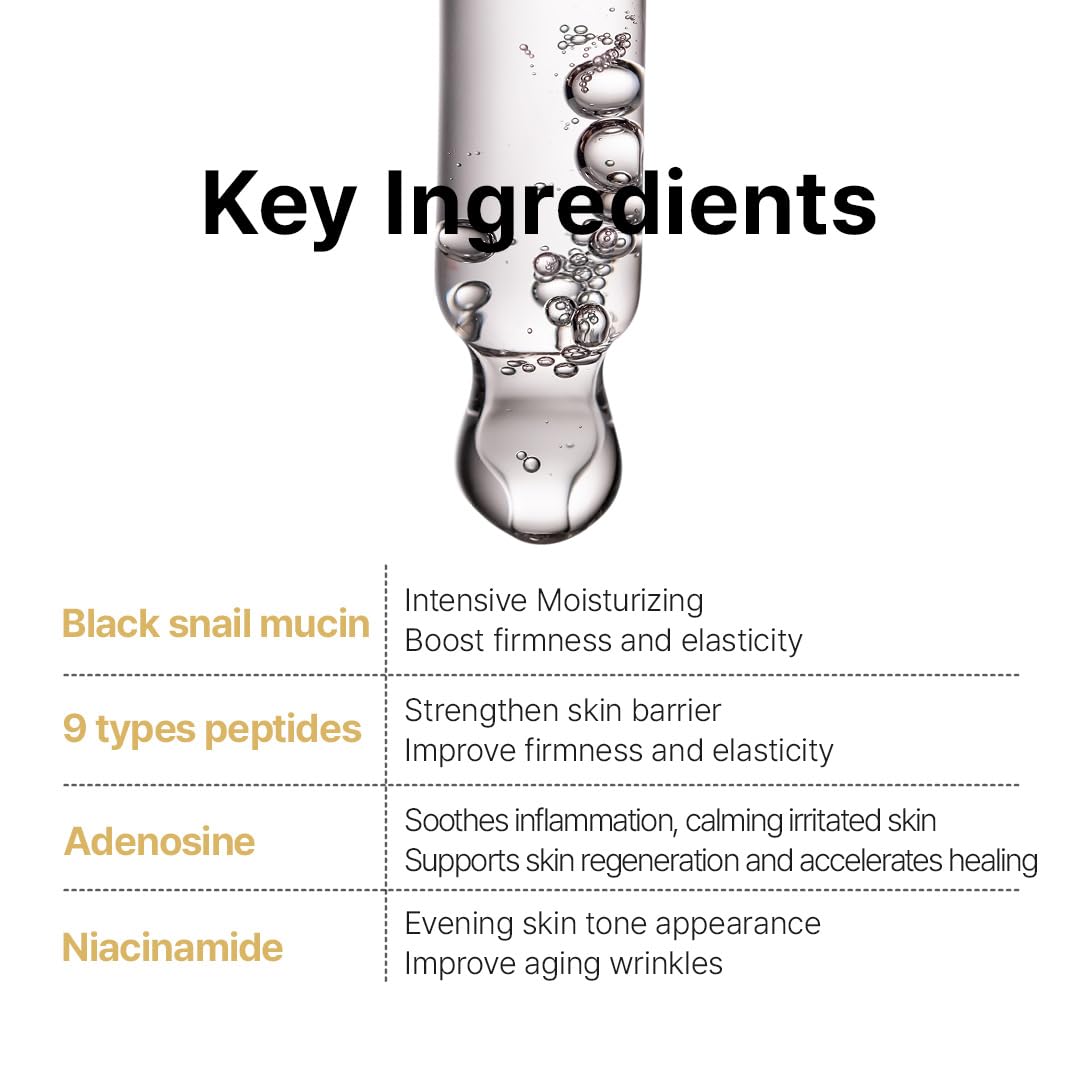 Farmstay Black Snail & Peptide9 Perfect Ampoule, Korean Snail Mucin Serum for Elastic & Glow Skin