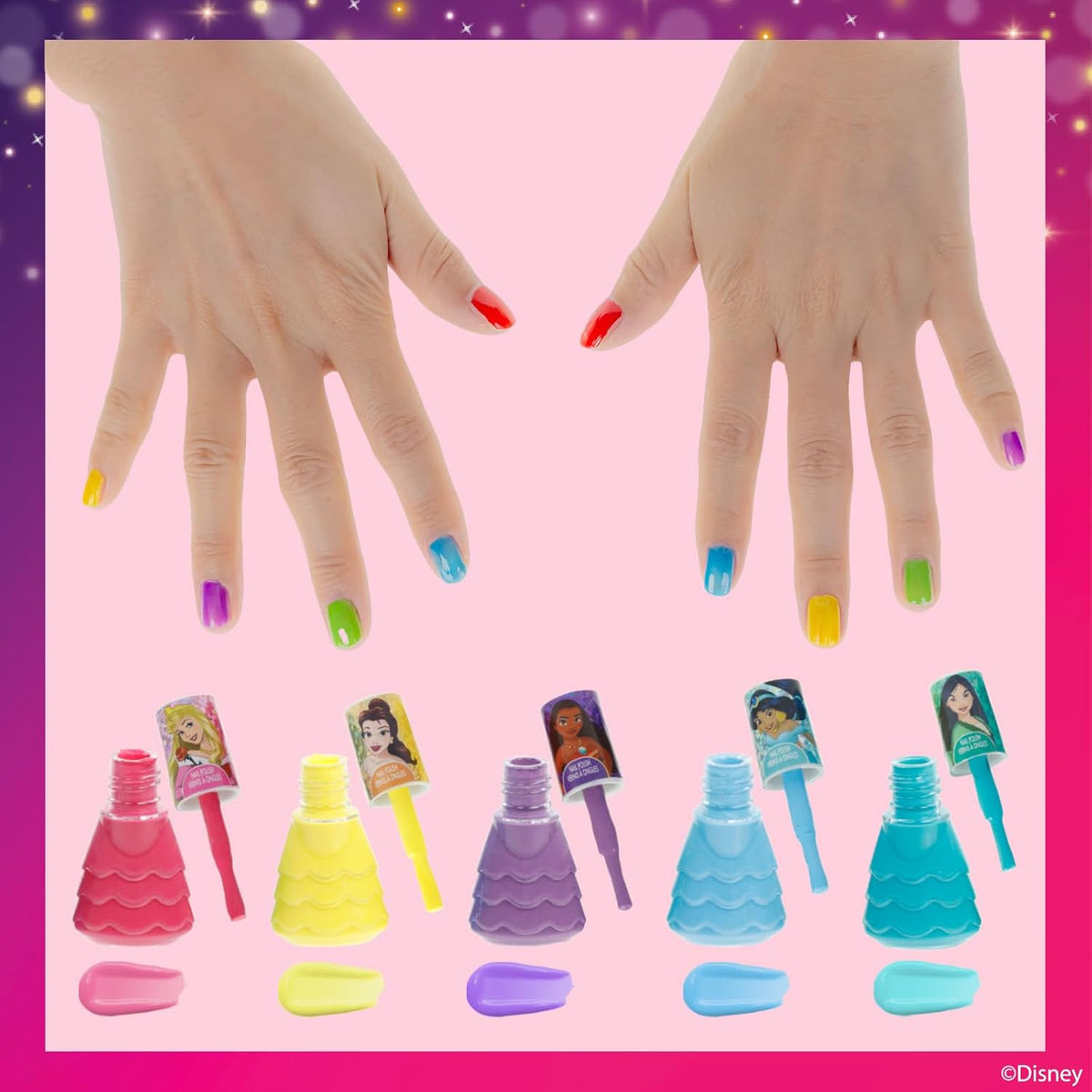 Disney Princess 15 Piece Water-Based Nail Polish with 3 Toe Spacers, Quick Dry, Peel Off, Gift Kit