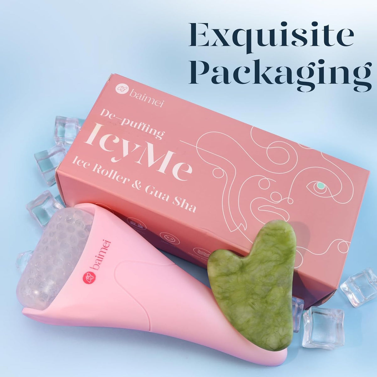 BAIMEI IcyMe Ice Roller for Face and Gua Sha Facial Tool Set, Ice Face Roller Reduces Puffiness