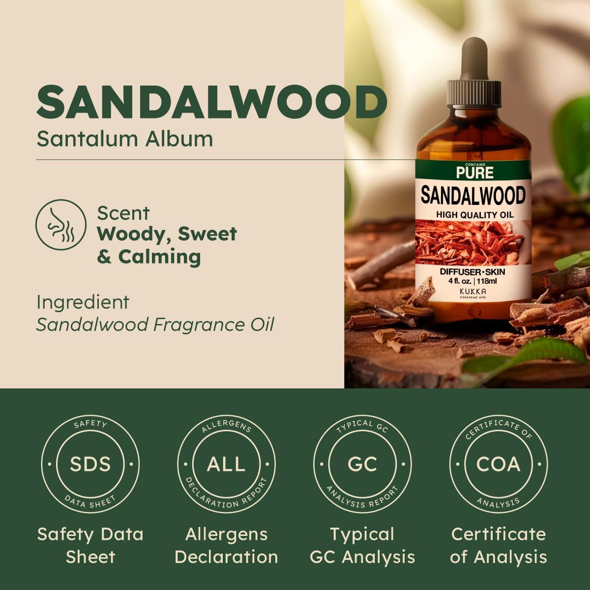 Kukka Sandalwood Essential Oil for Diffuser & Skin - 4 Fl Oz - Sandalwood Oil, Woody Scent, for