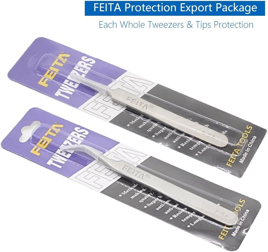 FEITA Precision Eyelash Extension Tweezers Set - Professional Straight & Curved Pointed Very Fine