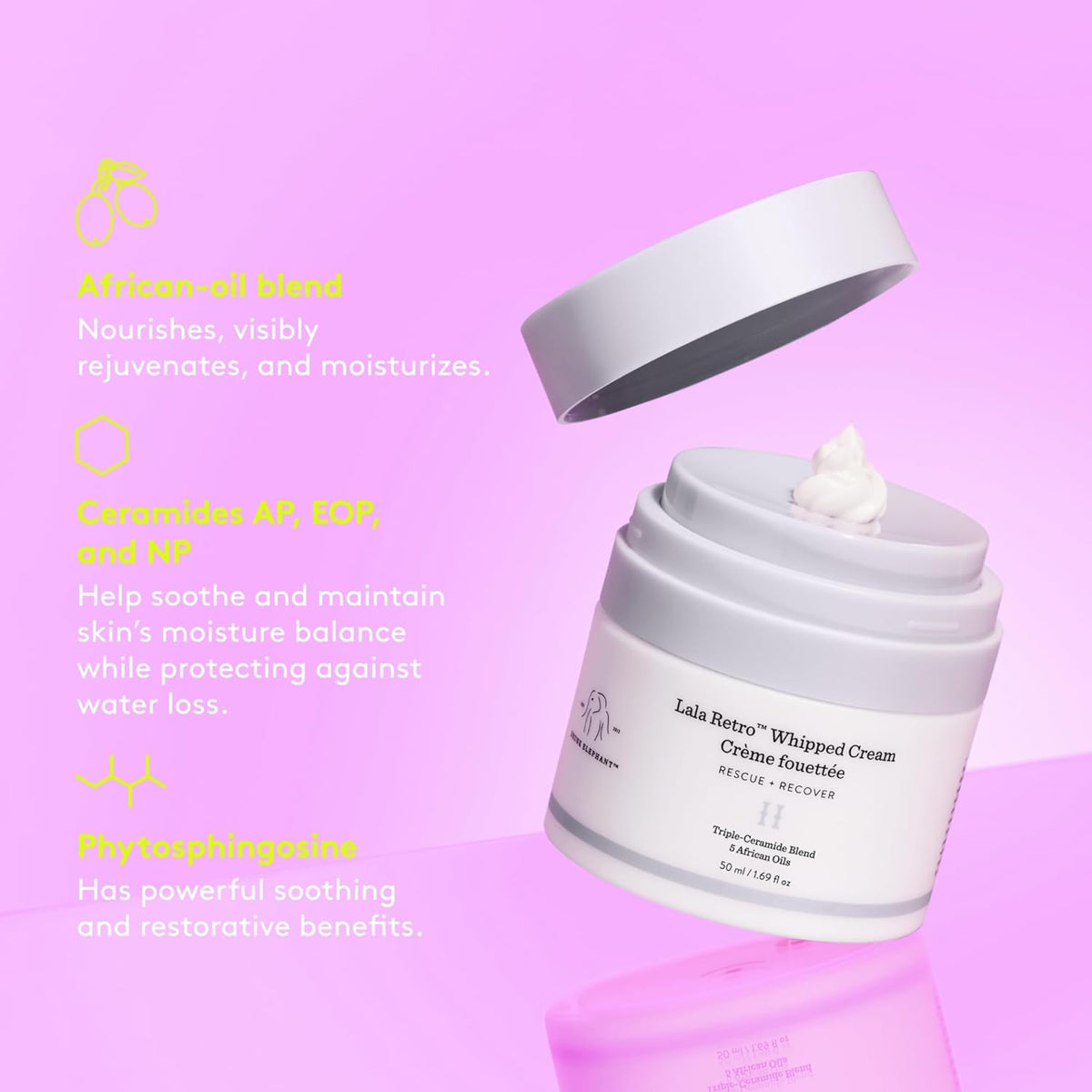 Drunk Elephant Lala Retro Whipped Cream - 50 ml/1.69 fl oz - Ceramide Moisturizer - Clean Clinical