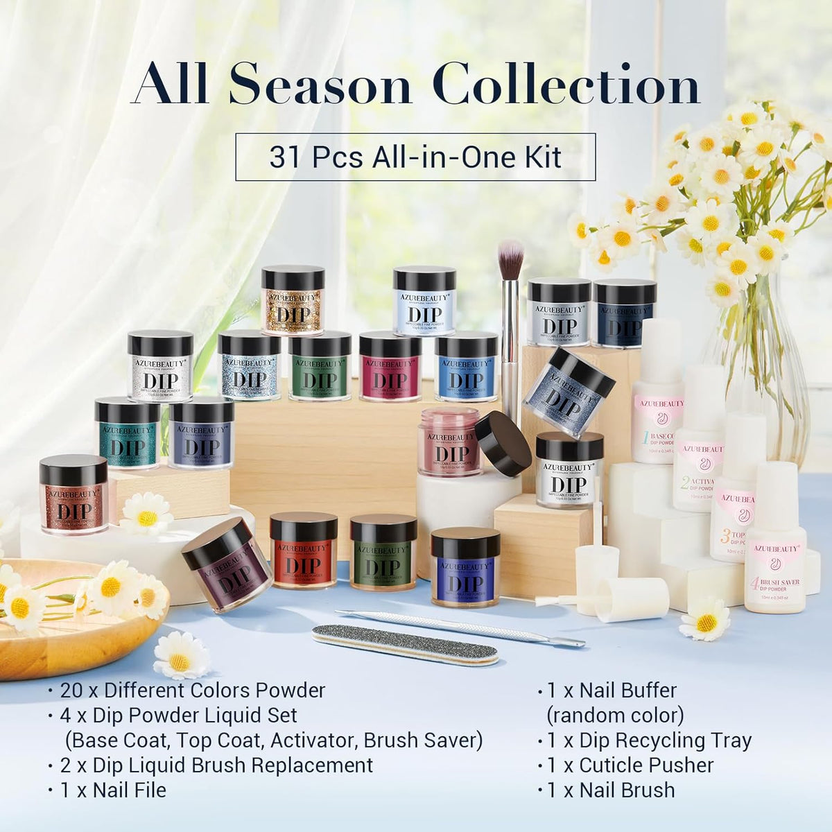 AZUREBEAUTY Dip Powder Nail Kit Starter Spring Summer Blue Red Green Glitter 31 Pcs 20 Colors