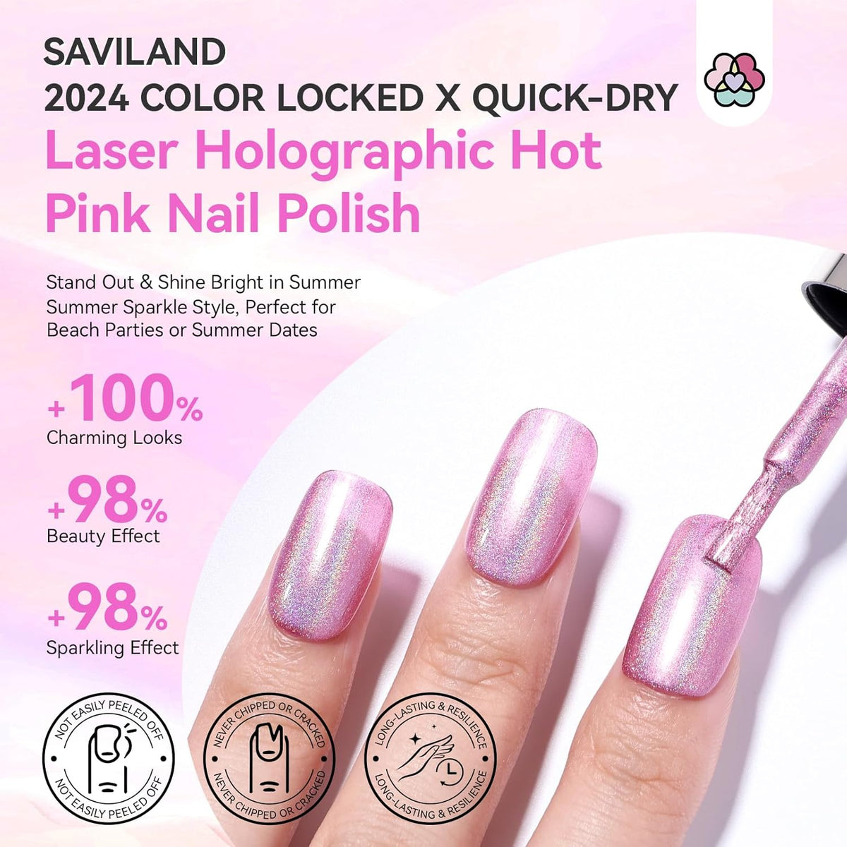 SAVILAND Holographic Nail Polish Pink: Metallic Chrome Nail Polish Air Dry Fast,10 ml/0.34 oz High