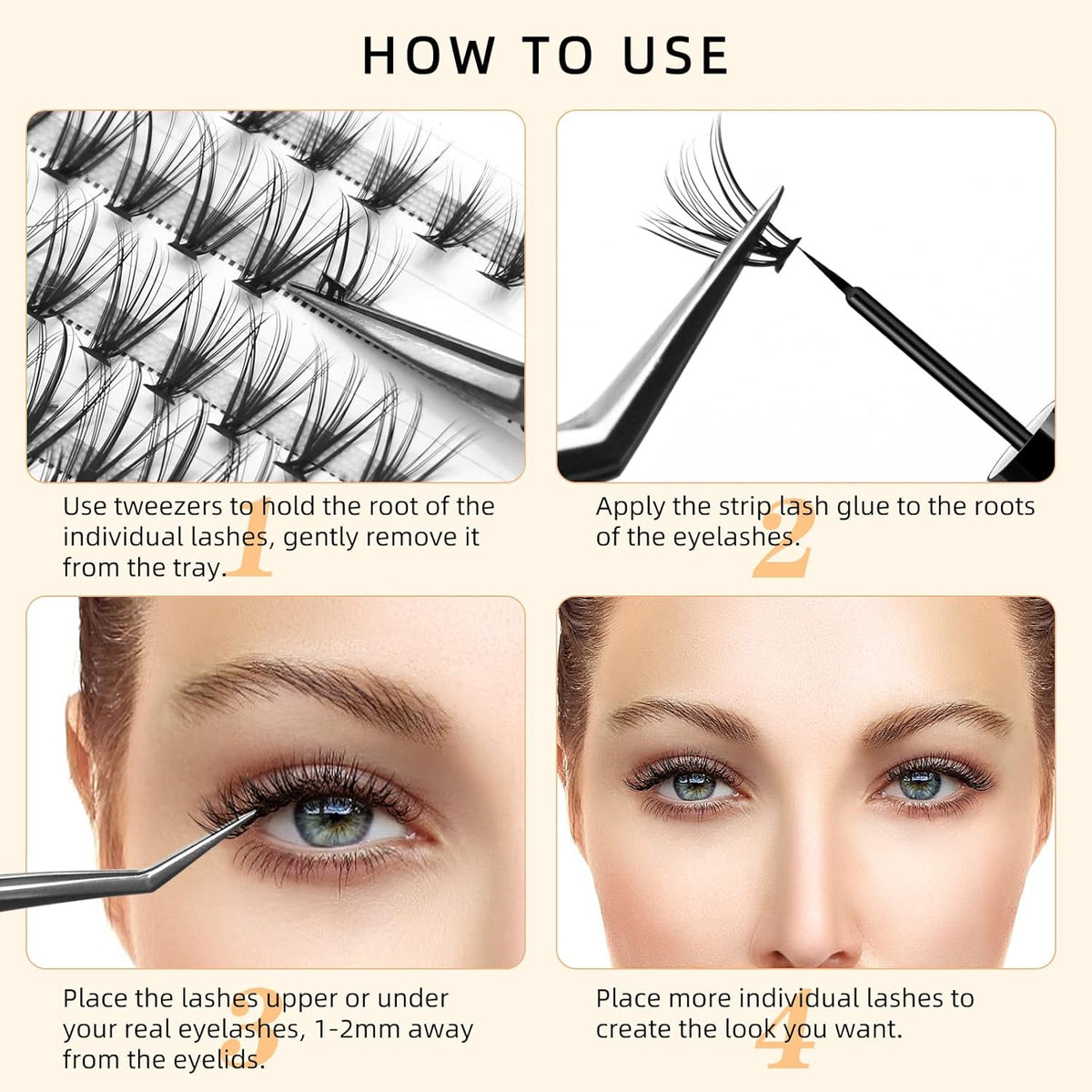 QUEWEL Lash Clusters 240Pcs Individual Lashes 20D 0.07D Curl 11mm Knot-Free Lash Extensions