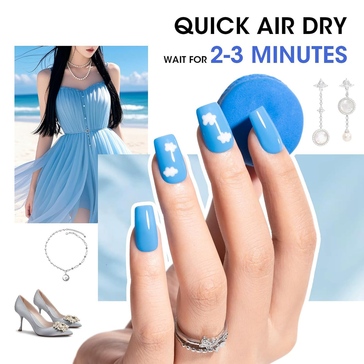 GELLEN Blue Nail Polish, Bright Navy Royal Baby Ocean Cobalt Blue White 6 Colors Set, insta Air Dry