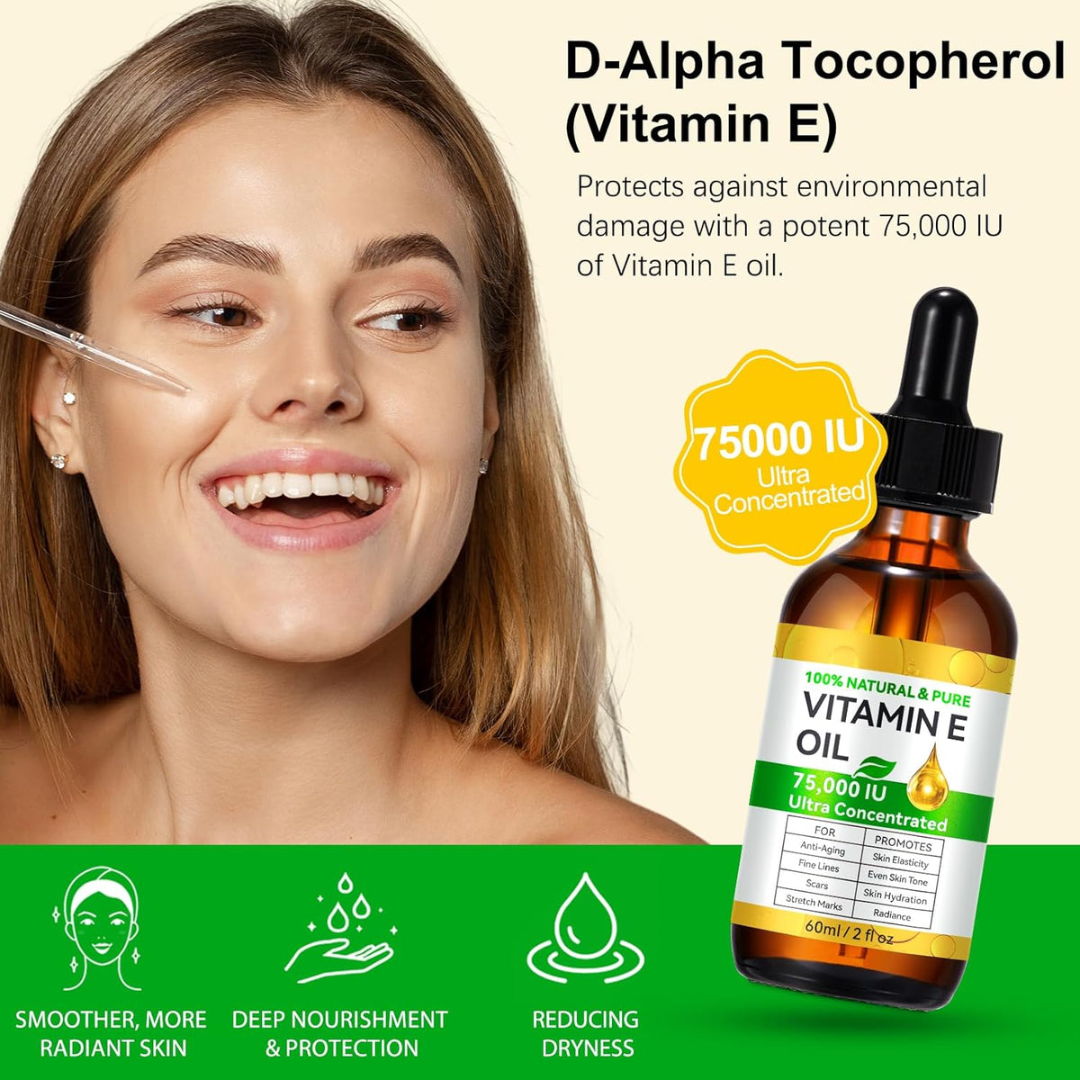 Tiuedu 2PCS Natural Vitamin E Oil for Skin, 75,000 IU Ultra Concentrated Vitamin E Oil for Face