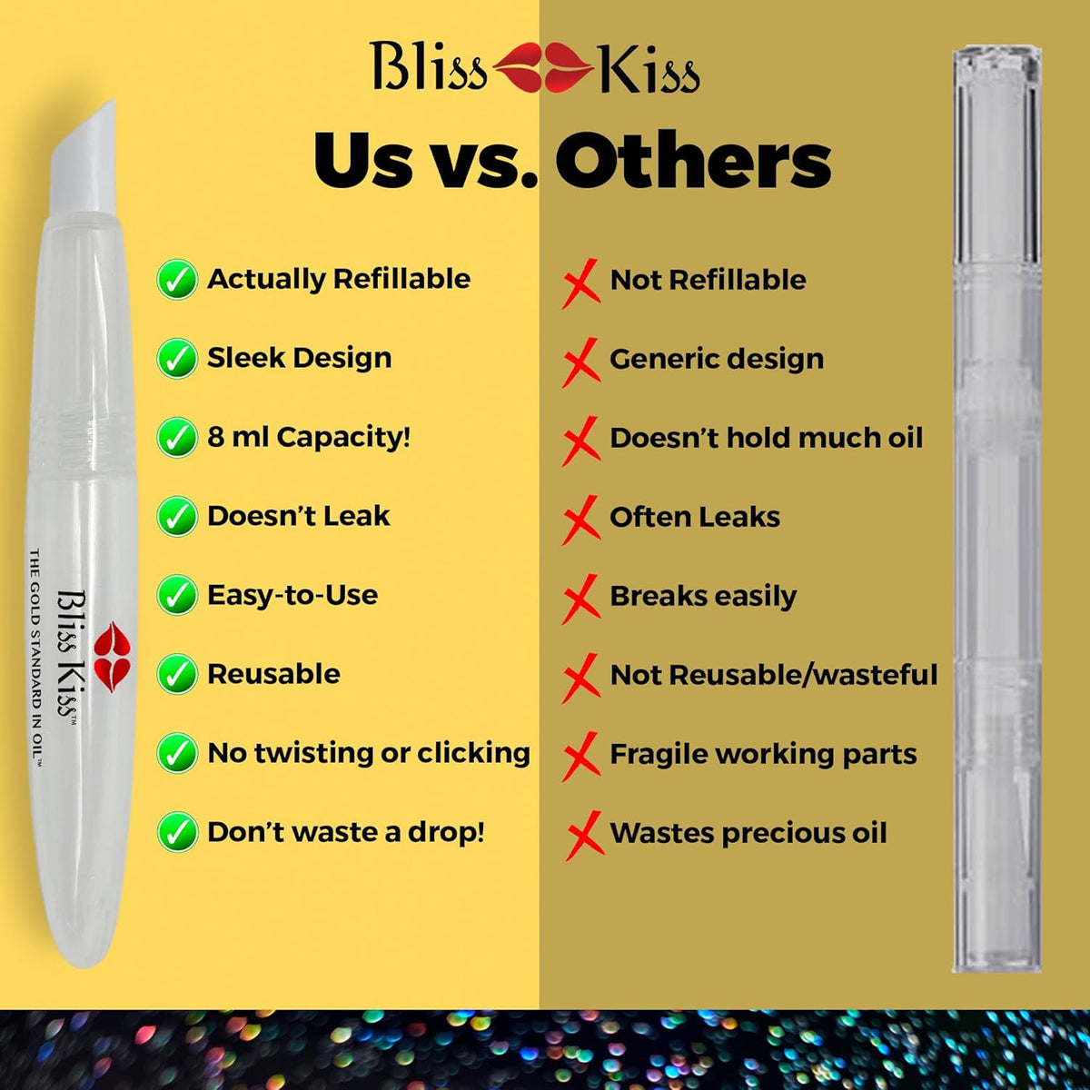 Bliss Kiss Refillable Squeeze Cuticle Oil Pen, Empty 3-Pack, Ideal for Nail Growth Oil and Nail Oil
