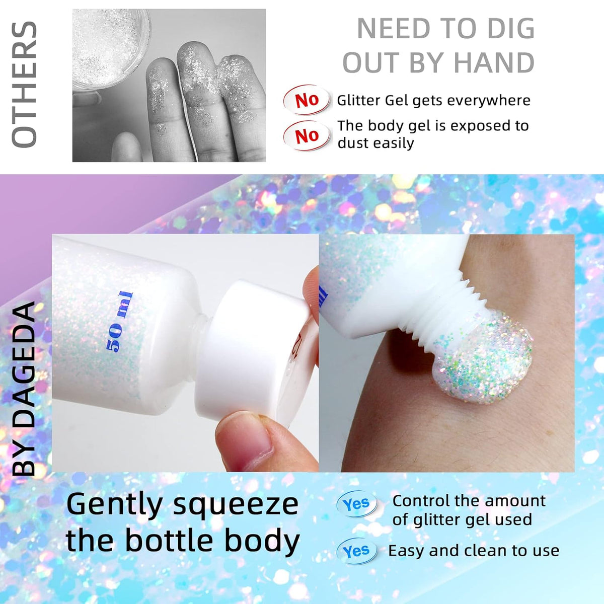 DAGEDA Body Glitter Gel, Holographic Face Glitters Body Gel Shimmer Liquid Eyeshadow, Color