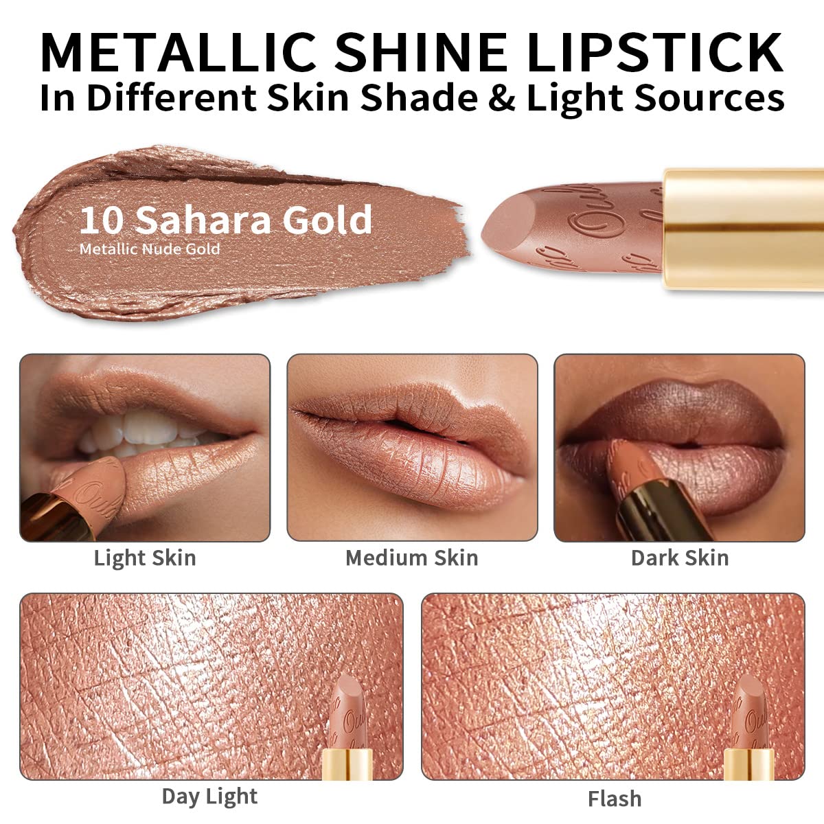 Oulac Metallic Lipstick for Women with Lightweight Hydrating Formula, Metallic Golden Nude Lip