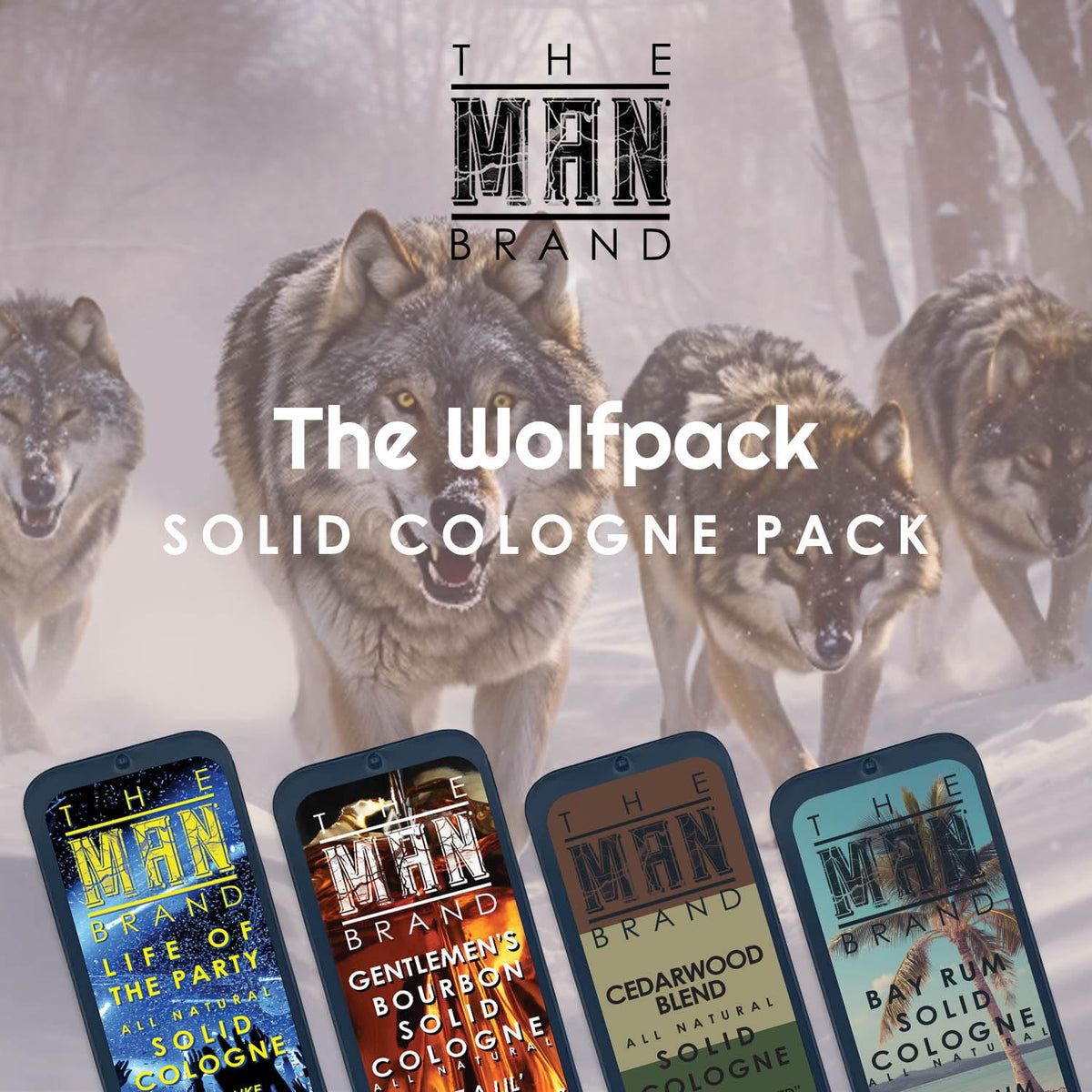 Solid Cologne Set with Bay Rum Solid Cologne, Bourbon Solid Cologne, Woodsman, and Life of the