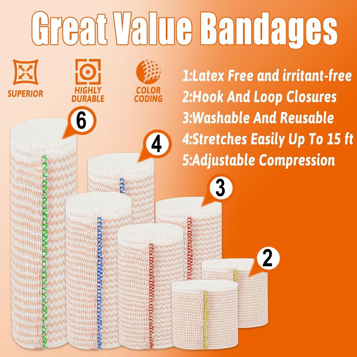 Premium Elastic Bandage Wrap 6 inch 10 Pack Reusable Versatile Self-Closing Compression Bandage