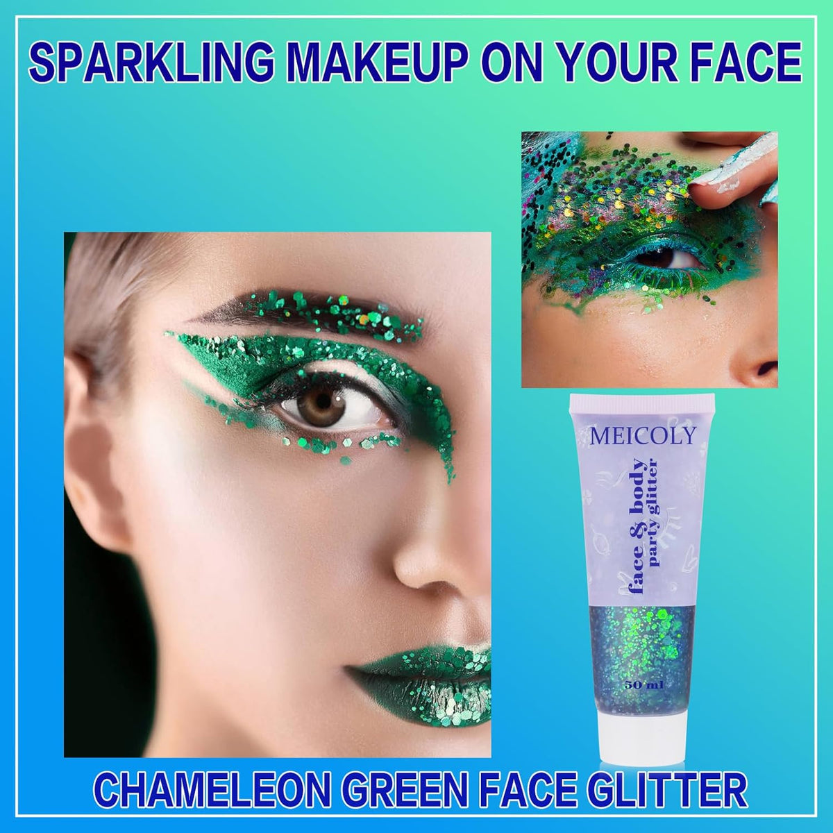 MEICOLY Chameleon Green Face Body Glitter,St Patricks Day Accessories,Color Changing Mermaid Face