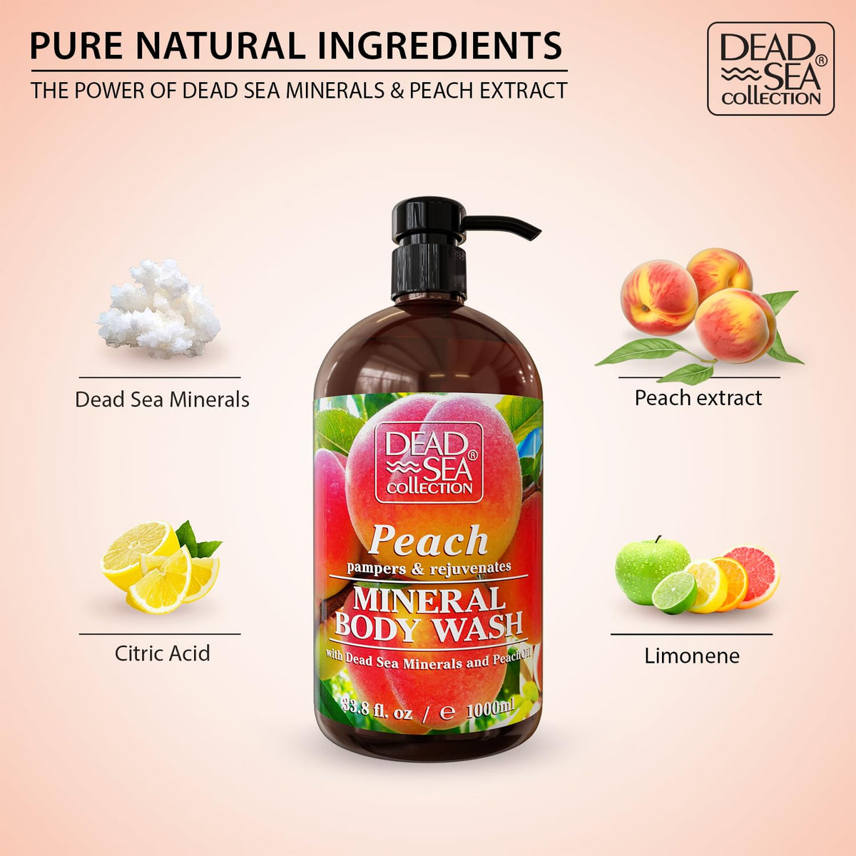 Dead Sea Collection Peach Body Wash for Women and Men - with Pure Dead Sea Minerals and Peach