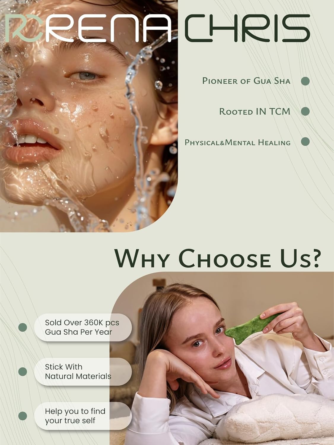 Rena Chris Natural Jade Gua Sha Facial Tools - Acupressure & Gua Sha for Face Massage, Jawline