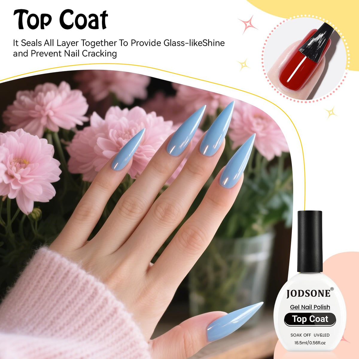 JODSONE 2Pcs 16.5ml Gel Top Coat No Wipe Clear Glossy Shine Finish Long Lasting No Soak Off Nail