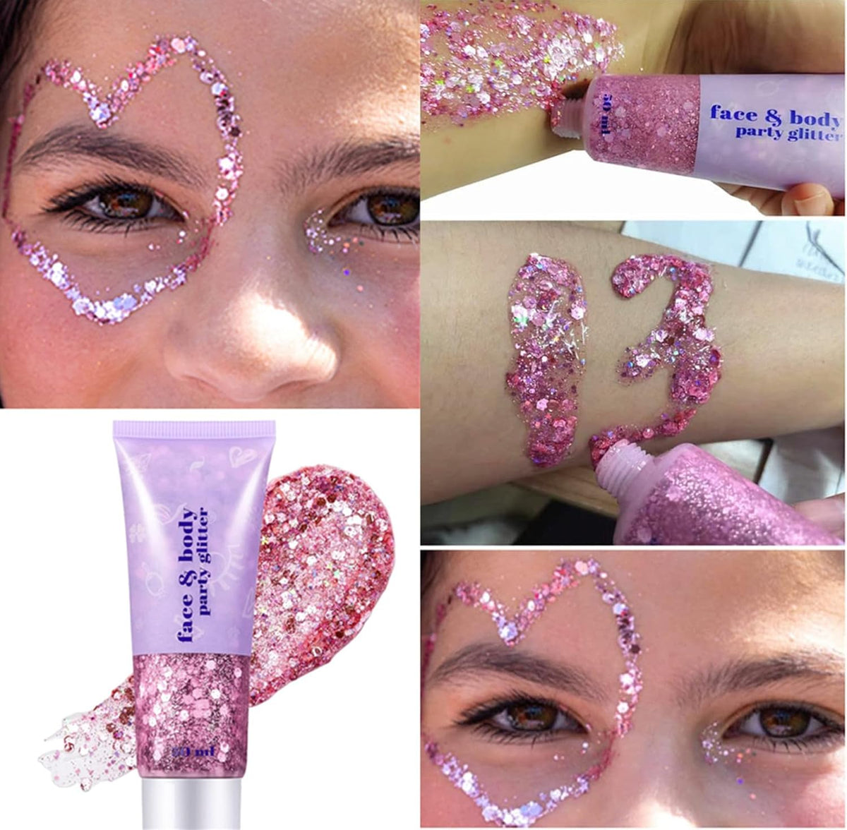 Go Ho Pink Face Body Glitter Gel,Singer Concerts Pink Face Paint Makeup Holographic Chunky Sequins
