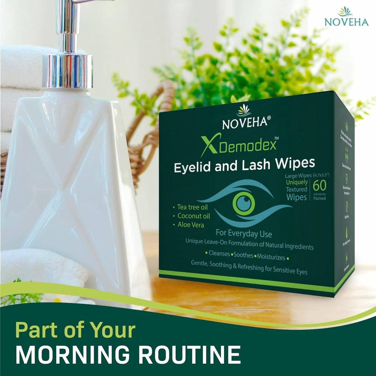 NOVEHA Demodex Eyelid & Lash Wipes | Box of 60 Individually Wrapped Extra Strength Cleansing