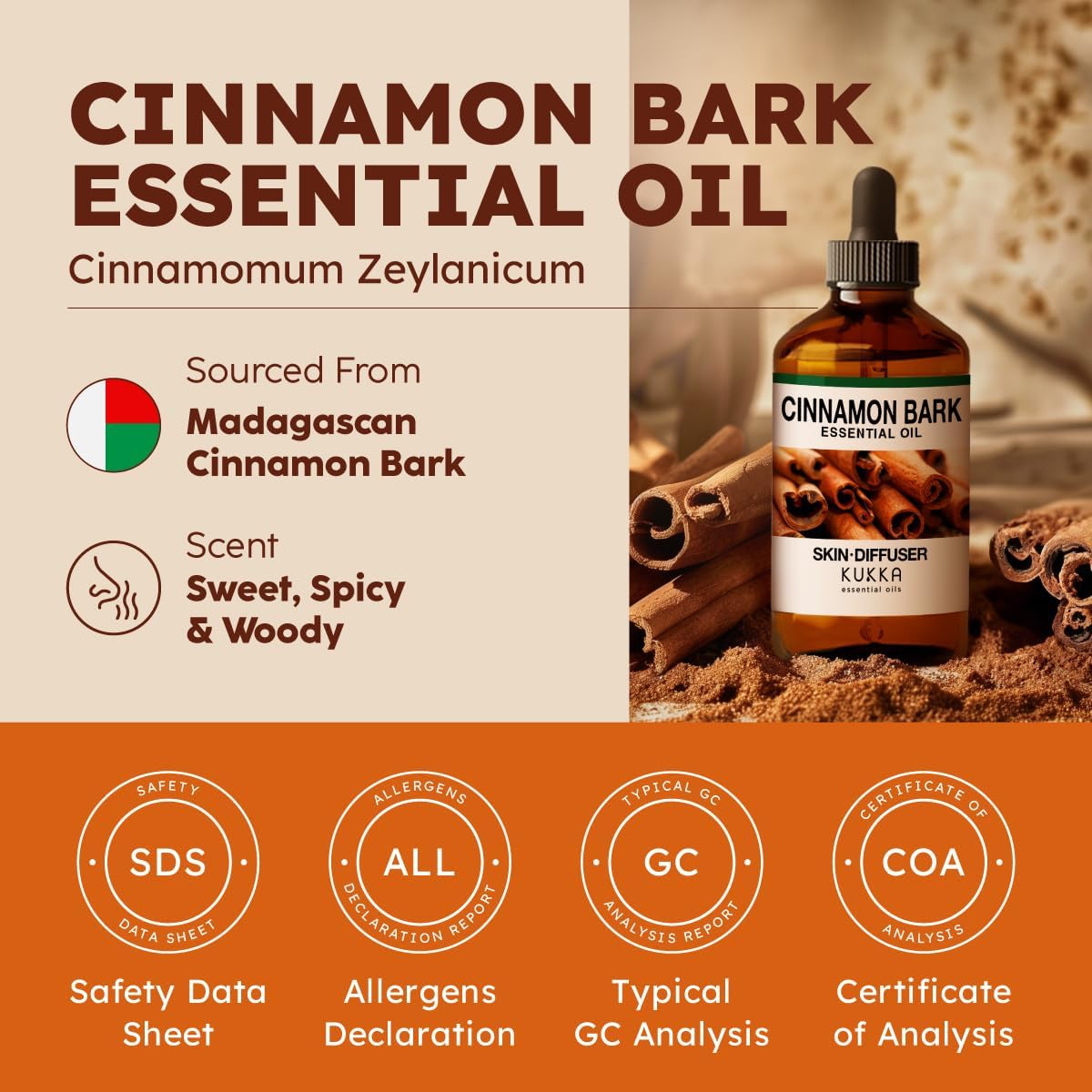 Kukka Cinnamon Essential Oil for Skin & Diffuser - 4 Fl Oz - Cinnamon Oil, Aromatherapy and