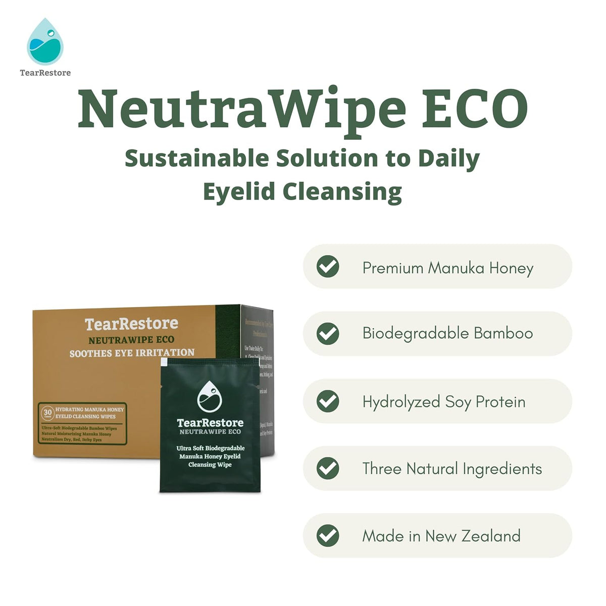 TearRestore NeutraWipe Eco Manuka Honey Eyelid Wipes | Ultra-Soft Biodegradable Eyelash Cleanser