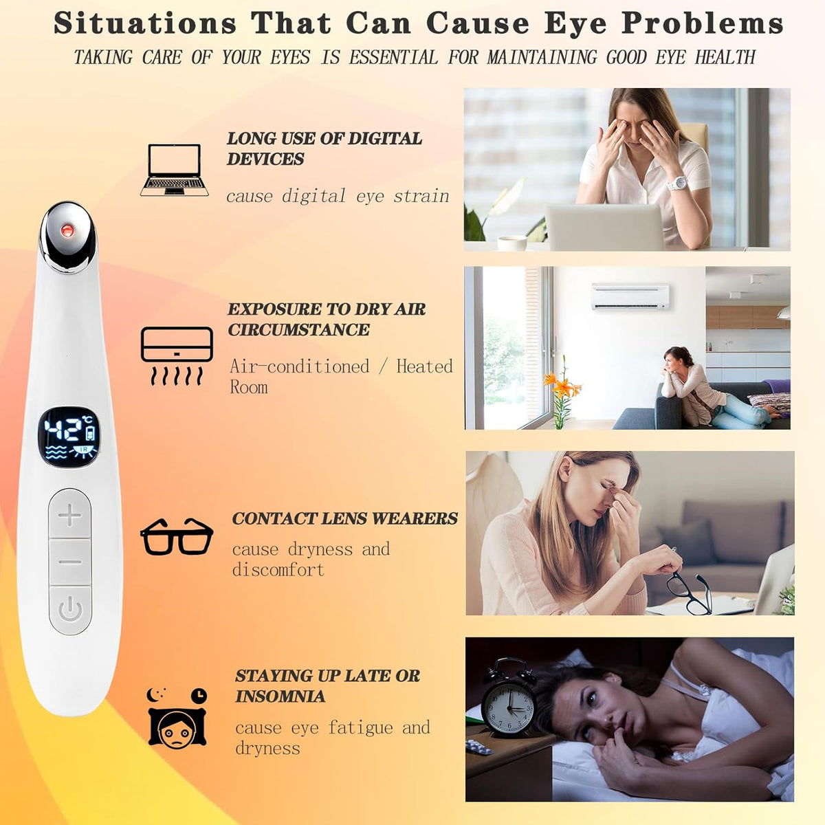 3 in 1 Eye Lift Wand, Vibrating 98°F to 113°F LCD Display Screen Massager for Dry Eyes, Dark