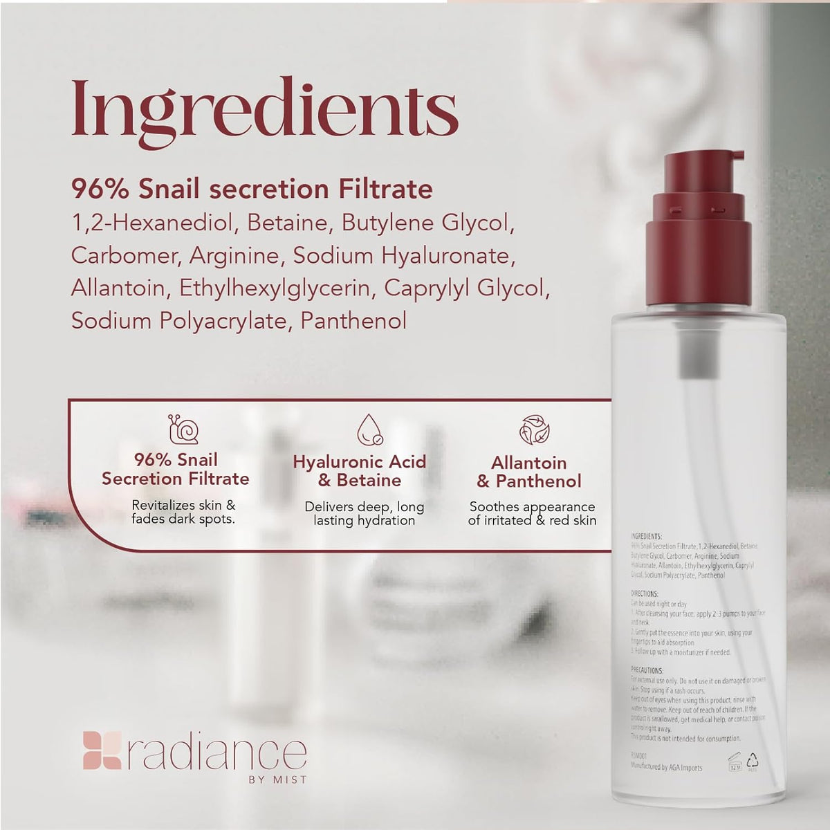 Radiance Snail Mucin Serum with Advanced Snail 96% Mucin Power Essence, Korean Skin Care with