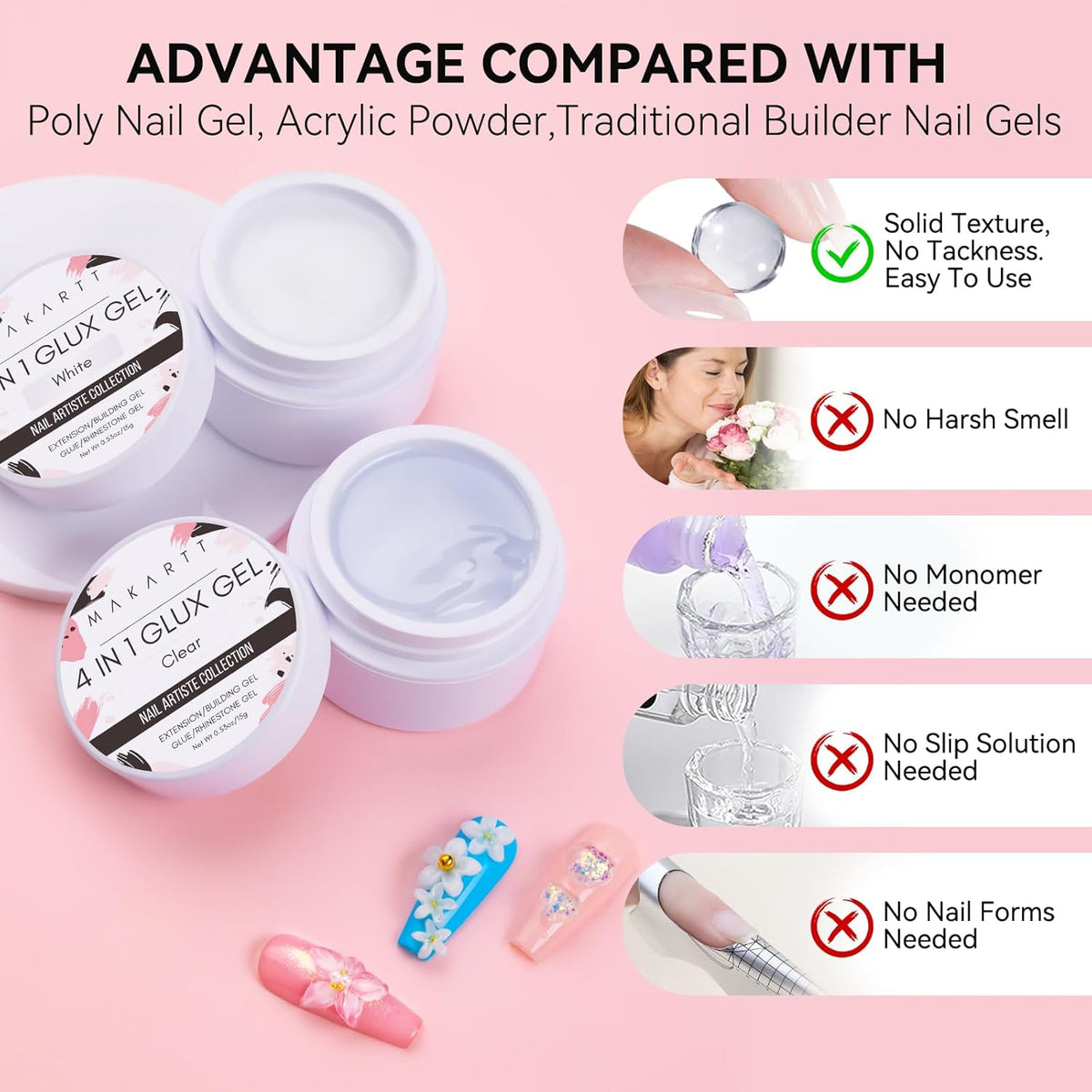 Makartt 3D Gel Nail Art: 4-in-1 Clear & White Solid Gel Builder Non-sticky for Extension 3D