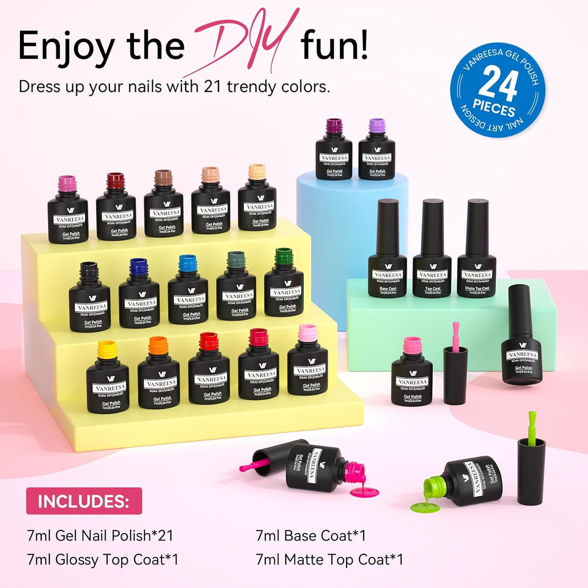 VANREESA 24 Pcs Gel Nail Polish Set, 21 Colors Gel Polish with Base Coat Glossy & Matte Top Coat