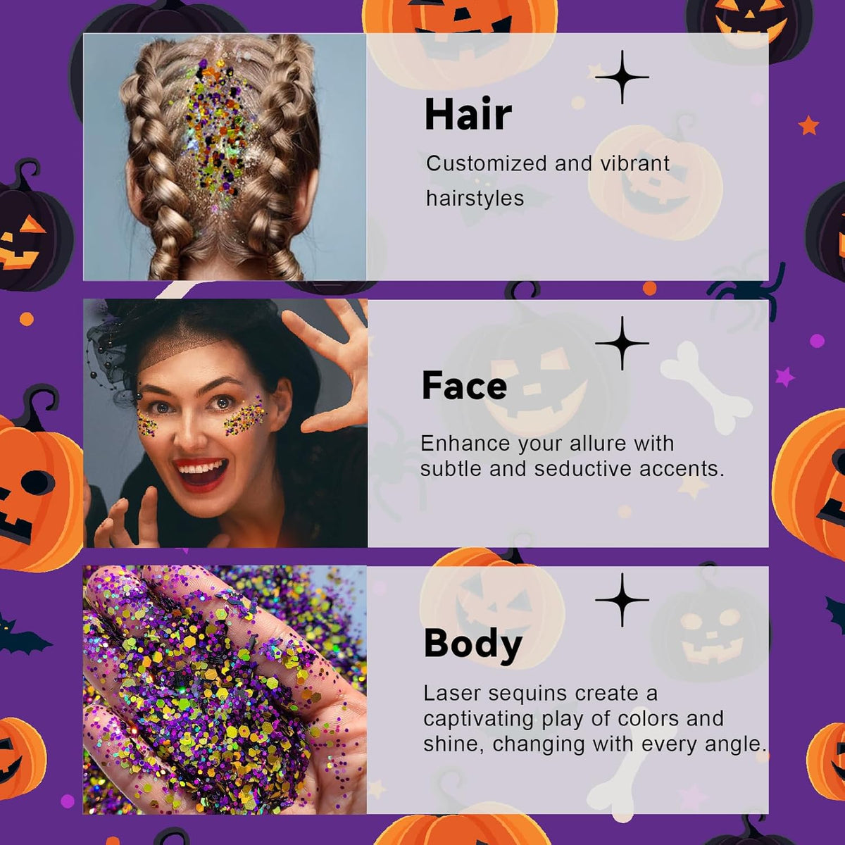 Halloween Glitter Gel for Body, Face, Hair and Lip, Color Changing Glitter Gel Under Light