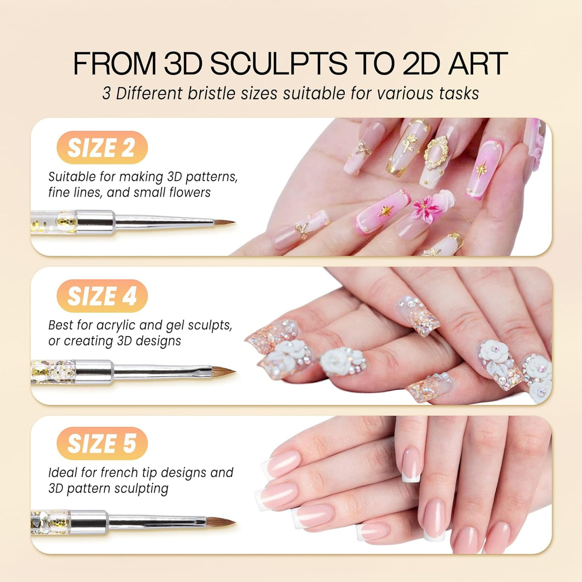 PANA Kolinsky 3D Acrylic Nail Brushes with Liquid Glitter Handle - For Professional Acrylic Powder