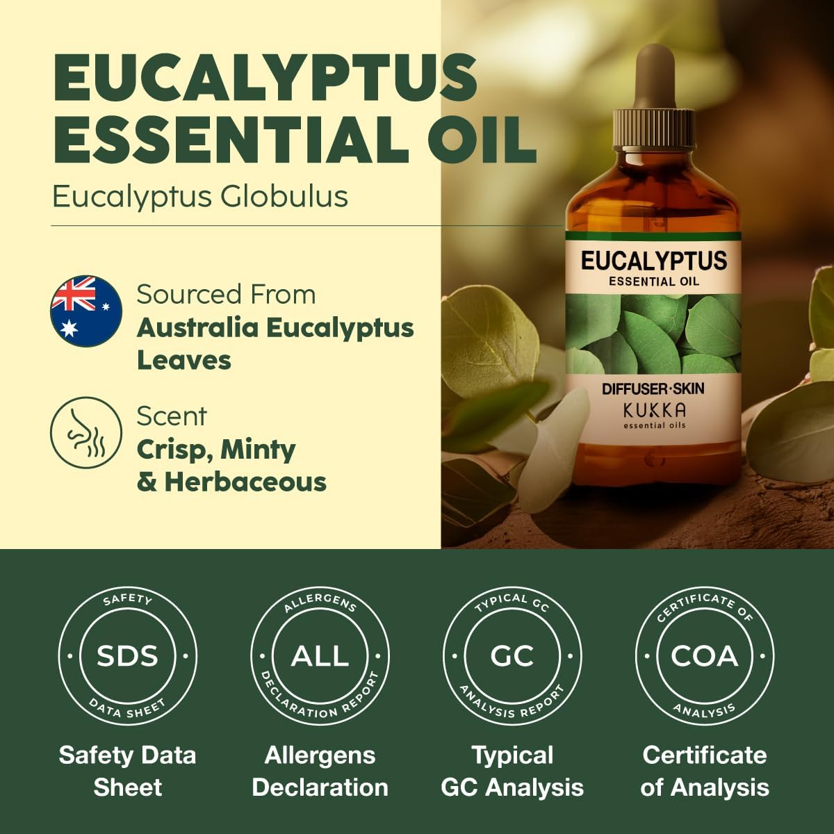 Kukka Eucalyptus Essential Oil for Diffuser, Humidifier, Skin, Hair - 4 Fl Oz / 118 ml, DIY Soap