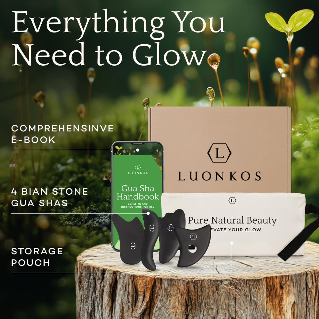 LUONKOS Gua Sha Tools Set - Large Black Bian Stone, 4-Pc - Face & Lymphatic Drainage Massager