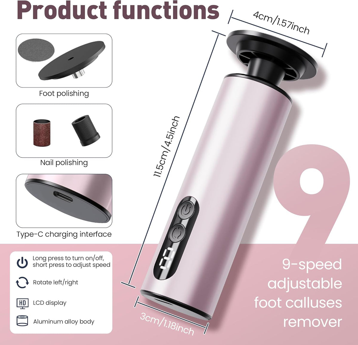 Electric Foot Callus Remover,2 in1 Rechargeable Callus Remover for Feet,9-Speed Wireless Electric