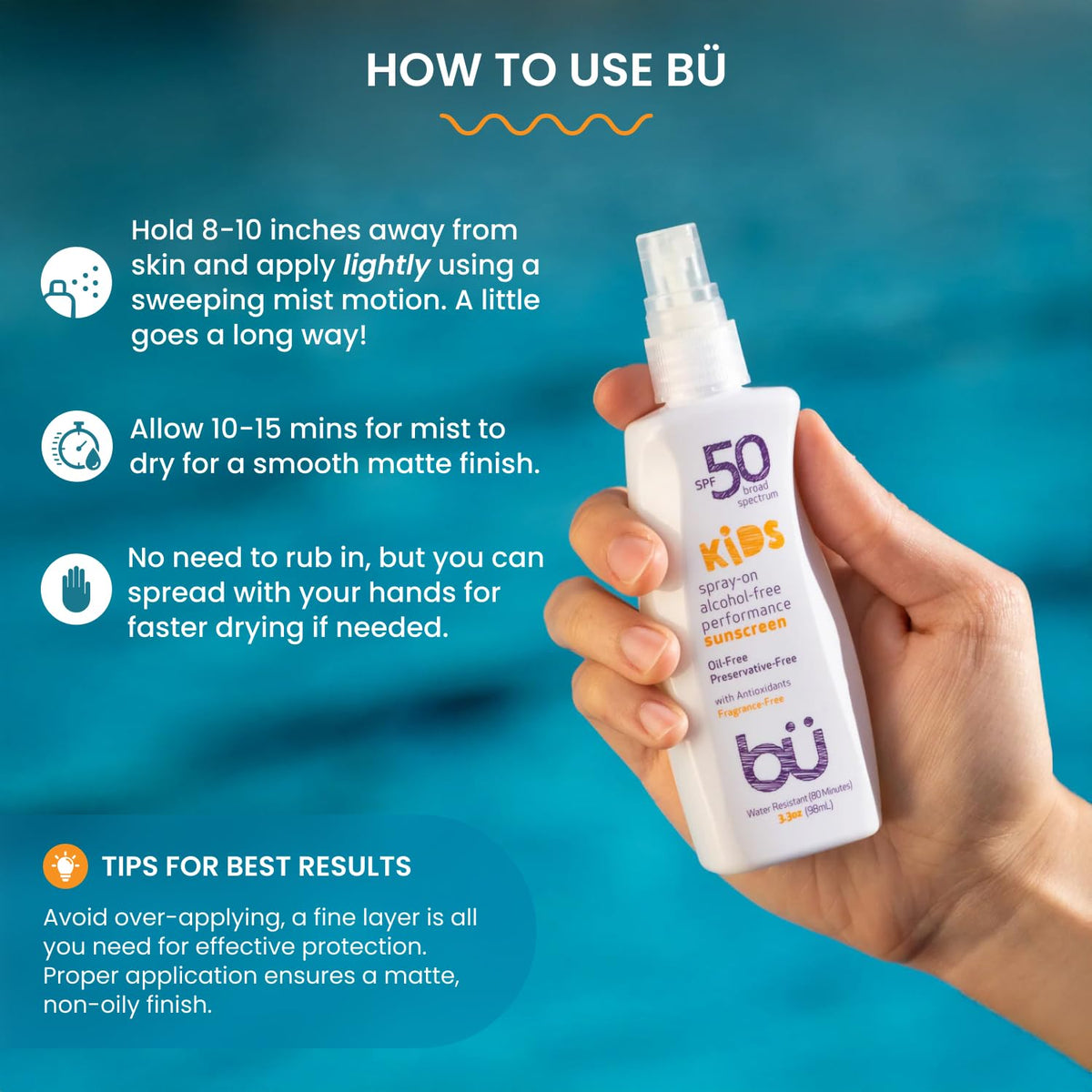 BU SPF 50 Fragrance Free Kids Sunscreen Spray for Face and Body, TSA Travel Size Sunscreen, Clear