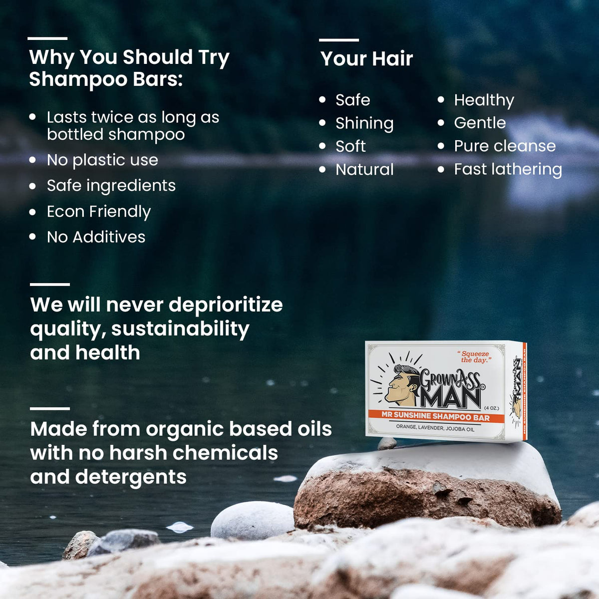 Solid Shampoo Bar Rich Lather 3 in 1: Hair, Beard & Body Wash - Plastic Free & Eco-Friendly