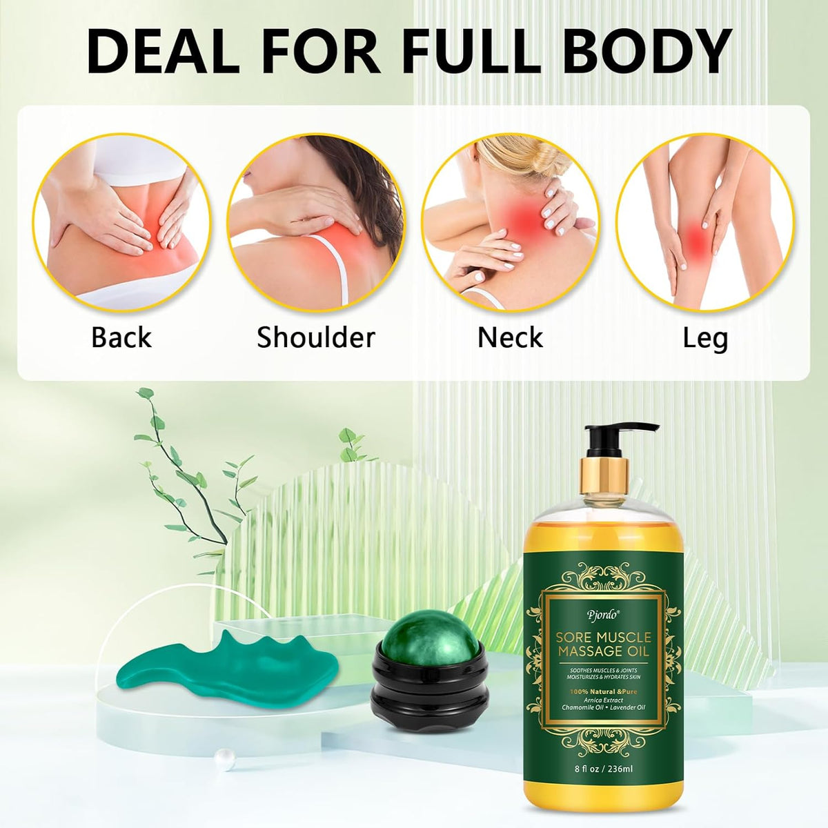 Sore Muscle Massage Oil for Massage Therapy, with Massage Roller Ball & Thumb Saver Massager, Body