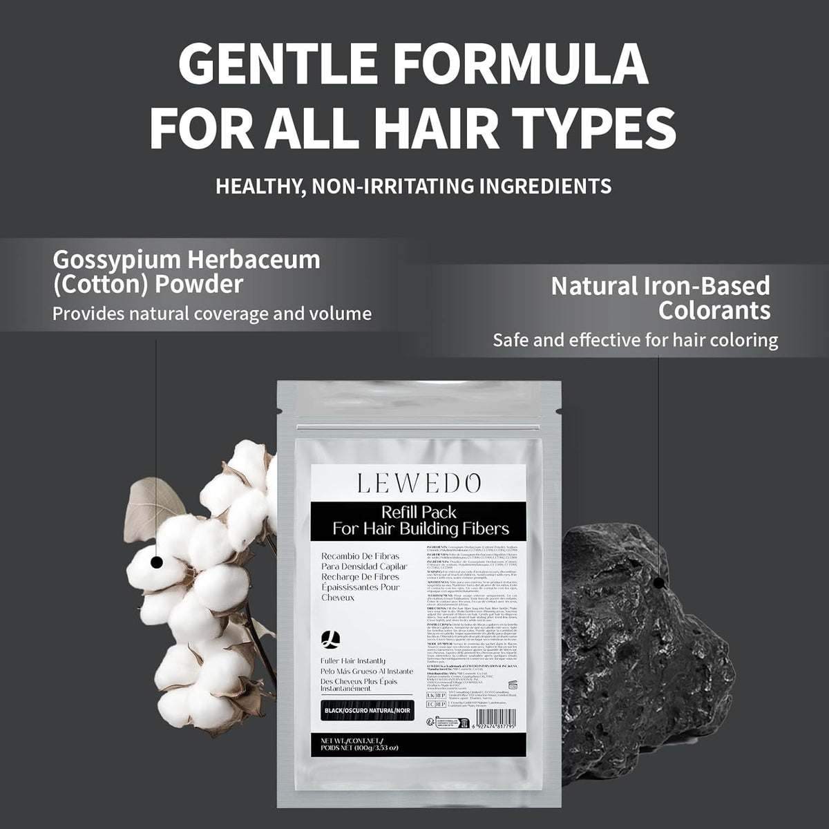 Hair Building Fibers Refill Pack - 100g Instant Thickening Fibers for Men & Women, Natural Cotton