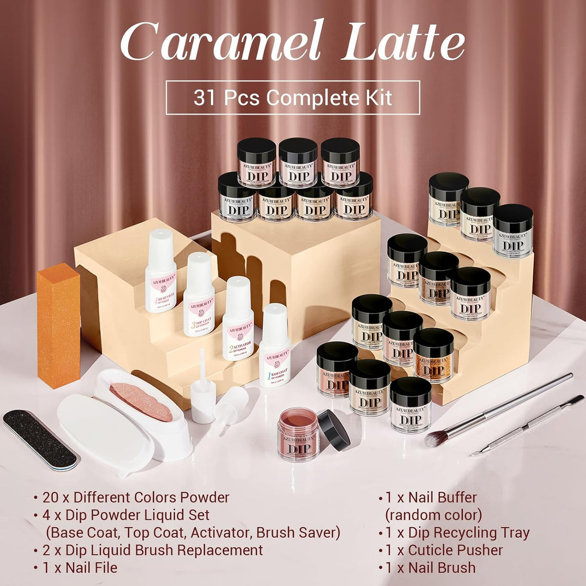 AZUREBEAUTY 31 Pcs Dip Powder Nail Kit 20 Colors Glitter Nude Brown Pink White Gray Dip Powder