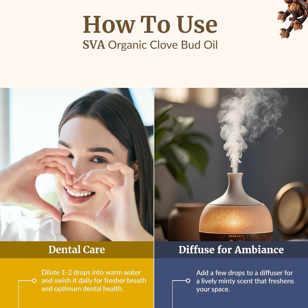 SVA Clove Essential Oil Organic – 4 Fl Oz – 100% Natural Organic Clove Oil - for Diffuser, Hair