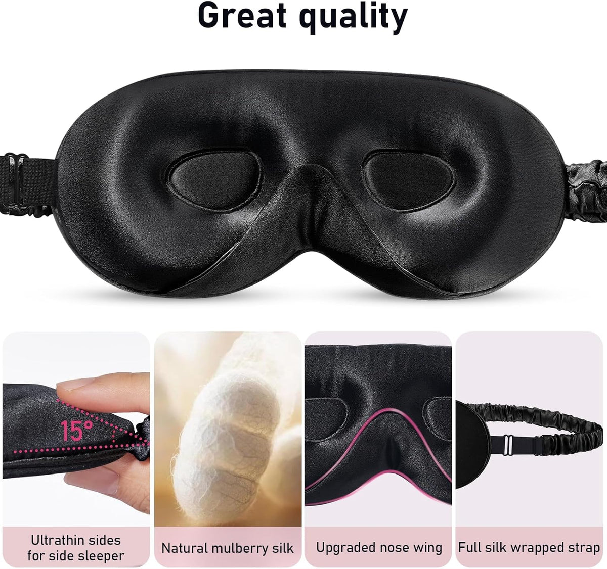 LitBear 100% 22 Momme Mulberry Silk Sleep Mask - 3D Contoured Eye Mask for Men & Women, Soft