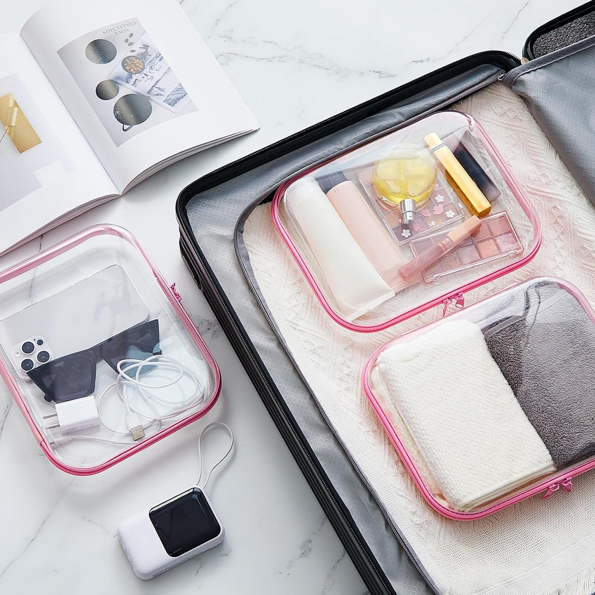 Hoolerry 3 Pcs Clear Hard Zipper Case Plastic Pouch Transparent Hard Case Clear Makeup Bag Portable