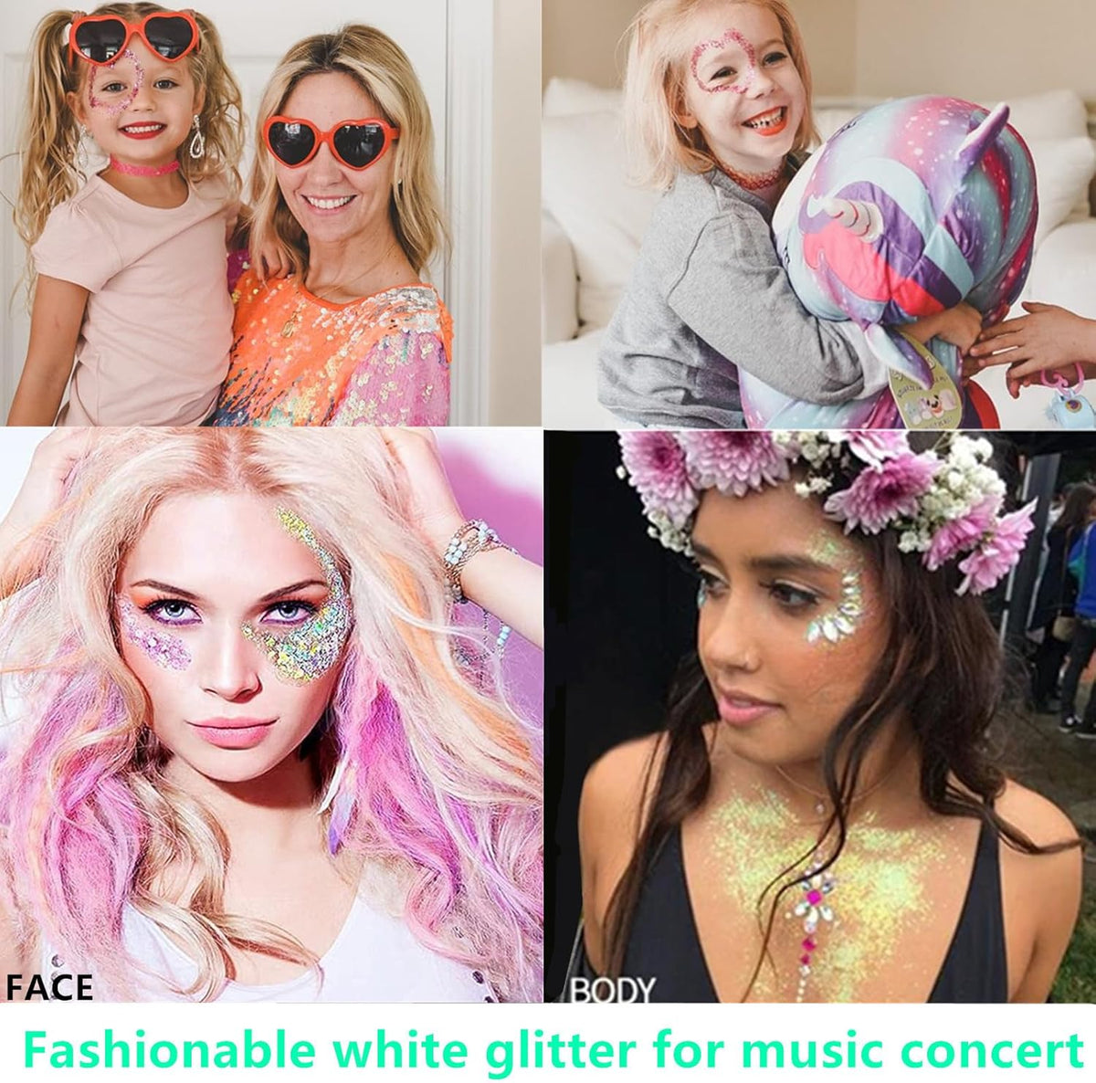 Go Ho White Pink and Silver Face Body Glitter Gel Set,Mermaid Face Paint,Holographic Long Lasting